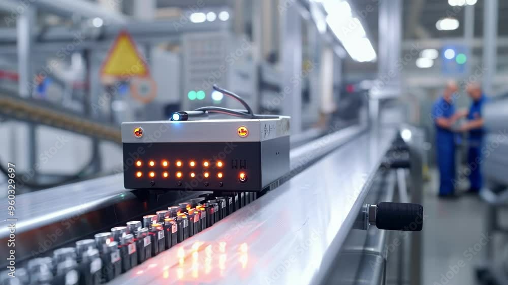 Poster advanced sensor unit is actively monitoring the production process on a busy factory floor, ensuring