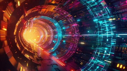 Obraz premium A vibrant tunnel of light and color, reflecting the fusion of technology and creativity in a futuristic digital landscape.