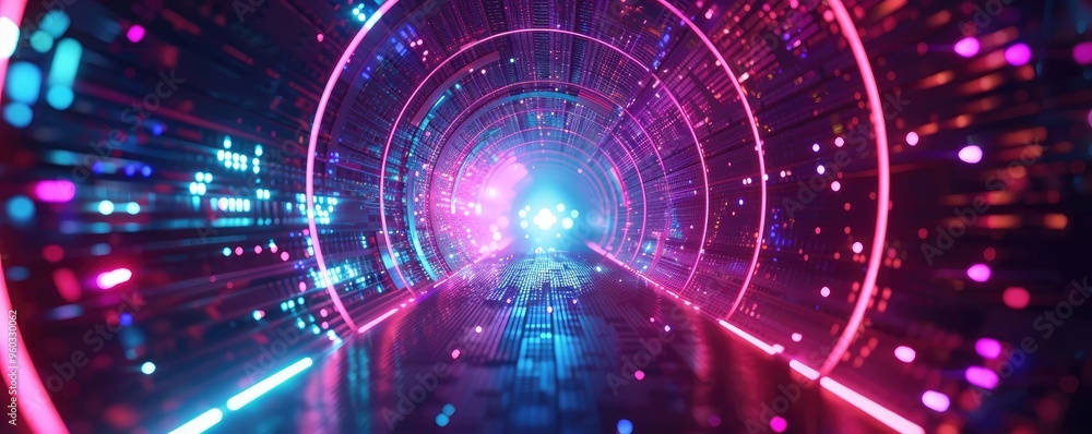 Poster a vibrant, futuristic tunnel illuminated with colorful lights, creating an immersive digital atmosph