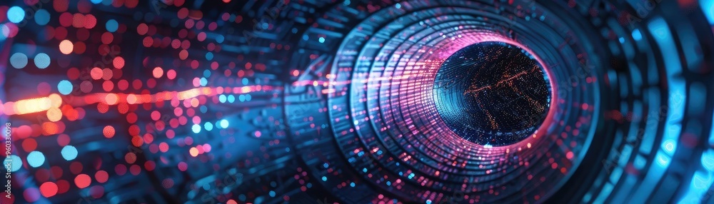 Poster a vibrant digital tunnel with glowing particles creating a surreal and futuristic atmosphere, emphas