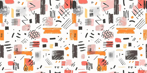 Seamless abstract pattern featuring scribbles, geometric shapes, and colorful brush textures on a white background.