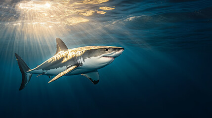 Fototapeta premium Great White Shark Swimming in Sunlight Underwater