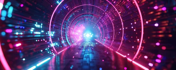 Fototapeta premium A vibrant, futuristic tunnel illuminated with colorful lights, creating an immersive digital atmosphere. Perfect for sci-fi themes.