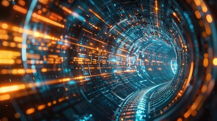 Obraz premium A vibrant, futuristic tunnel showcasing glowing data streams and dynamic light patterns, symbolizing technology and innovation.