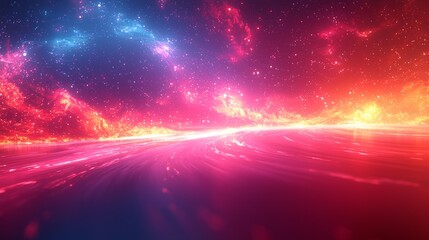 A vibrant cosmic landscape filled with swirling colors and glowing nebulae in the depths of space at dawn