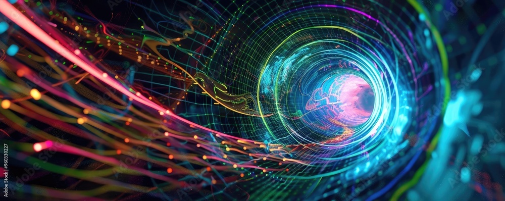 Poster a vibrant digital tunnel showcasing colorful light trails and abstract patterns, representing techno