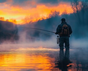 Tranquil Morning Fishing: Man Enjoying Peaceful Waterscape at Sunrise