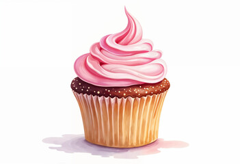 Watercolor illustration of a cupcake on white background
