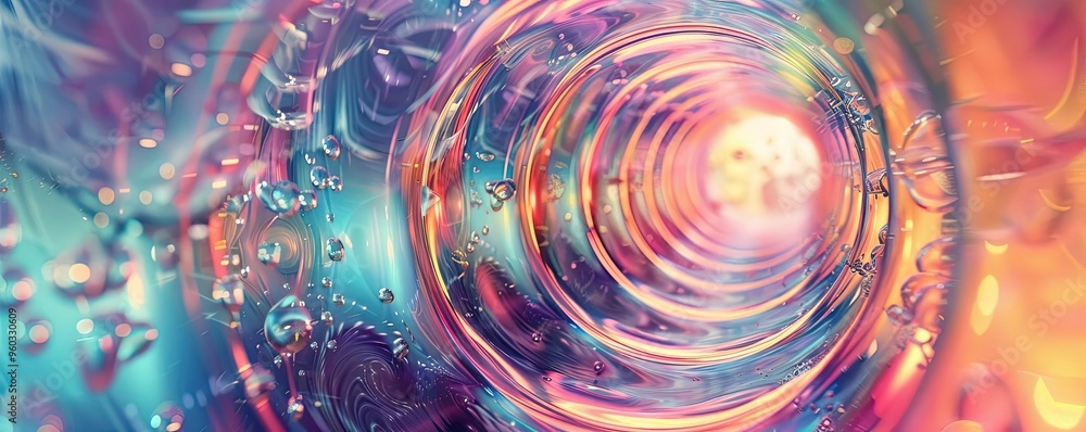 Poster a vibrant abstract image showcasing swirling colors and luminous bubbles, creating a mesmerizing vis