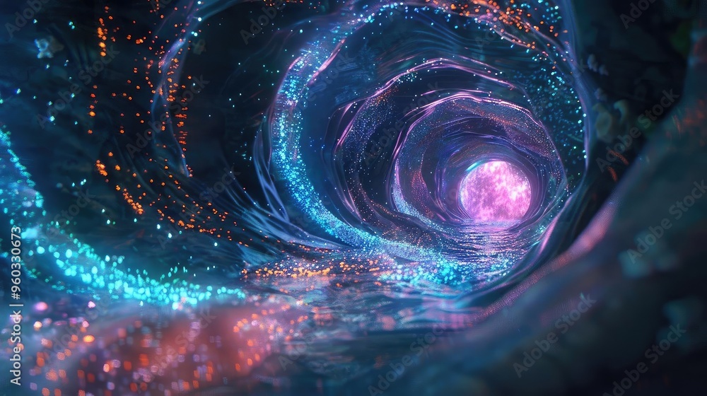 Poster a mesmerizing tunnel of vibrant colors and lights, creating an otherworldly atmosphere that sparks i