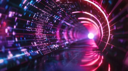 Fototapeta premium Futuristic tunnel with vibrant lights, showcasing a blend of technology and art. Perfect for sci-fi and digital design projects.