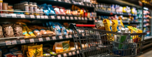 Fototapeta premium Shopping cart full of groceries in supermarket aisle