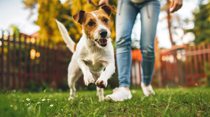 A pet playing with its owner in a backyard, showcasing companionship.