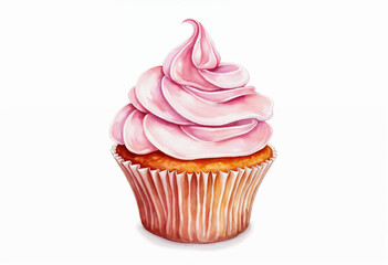 Watercolor illustration of a cupcake on white background