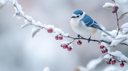 A blue and white bird perched on the snow-covered branch of a hawthorn tree.