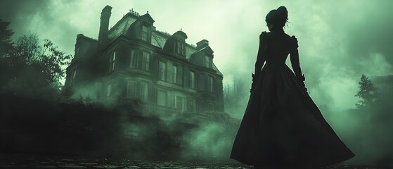 Ghostly Victorian Governess Haunts Old Haunted Mansion on Halloween Spooky Supernatural Atmospheric Cinematic Scene with Moody Dramatic Lighting and Fog