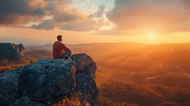 traveler gazing at scenic sunrise landscape from cliff symbolizing adventure and wanderlust