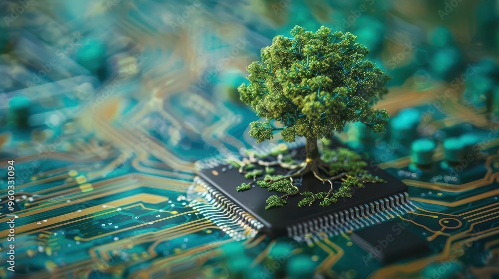 Aufkleber tree growing on computer circuit board green computing sustainable technology environment