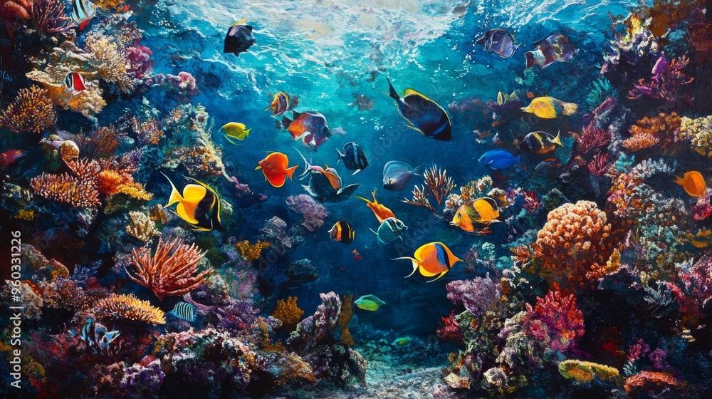 Poster a vibrant underwater scene with a large school of colorful reef fish darting through coral reefs, sh
