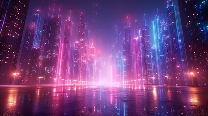 Fototapeta premium Cityscape on a dark background with bright and glowing neon purple and blue lights. Night city with futuristic urban architecture. Growing metropolis, city development neon colors. 3d rendering