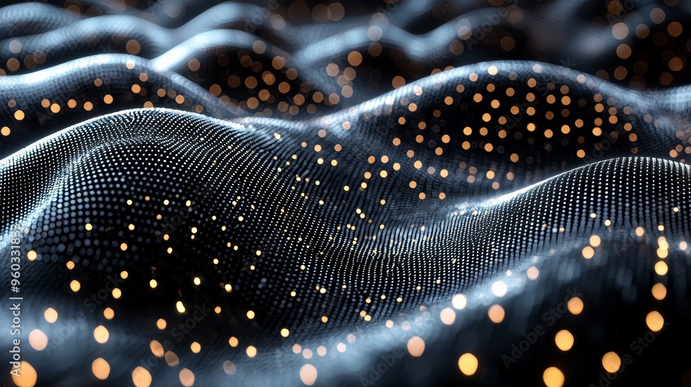 Poster abstract representation of waves illuminated by glowing particles created with digital technology in