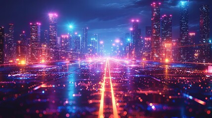 Obraz premium Cityscape on a dark background with bright and glowing neon purple and blue lights. Night city with futuristic urban architecture. Growing metropolis, city development neon colors. 3d rendering