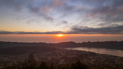 Stunning sunrise as seen from the famous volcano, Batur Mountain in Bali, Indonesia