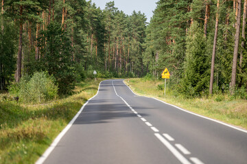 An asphalt road going through a forest in Masuria