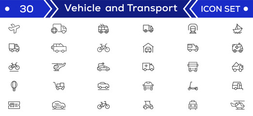 Vehicle and Transport line icon set. Containing car, bike, plane, train, bicycle, motorbike, bus and scooter icons. Transportation Simple line icon collections © Icon_pack