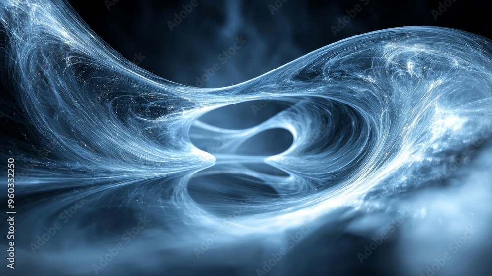Poster intricate blue and silver abstract swirl creating a vortex effect in a digital art landscape of flow