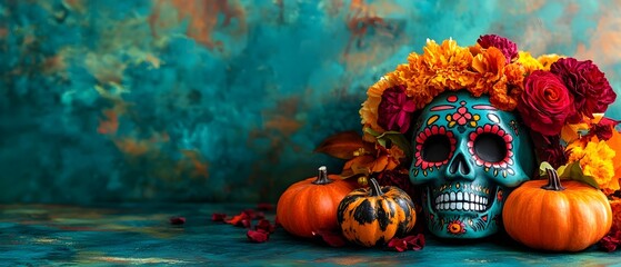 Vibrant and festive Dia de los Muertos Day of the Dead themed Halloween party invitation concept featuring a sugar skull pumpkins and autumn floral elements against a dark