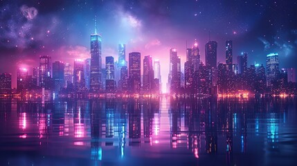 Obraz premium Cityscape on a dark background with bright and glowing neon purple and blue lights. Night city with futuristic urban architecture. Growing metropolis, city development neon colors. 3d rendering