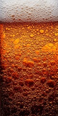 Close-up of refreshing beer foam with bubbles, showcasing an inviting golden color and textural detail, ideal for beverage themes.