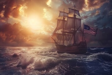 Obraz premium A photorealistic depiction of an American ship sailing on a tumultuous ocean, with billowing sails and a visible American flag, set against dramatic clouds and waves.