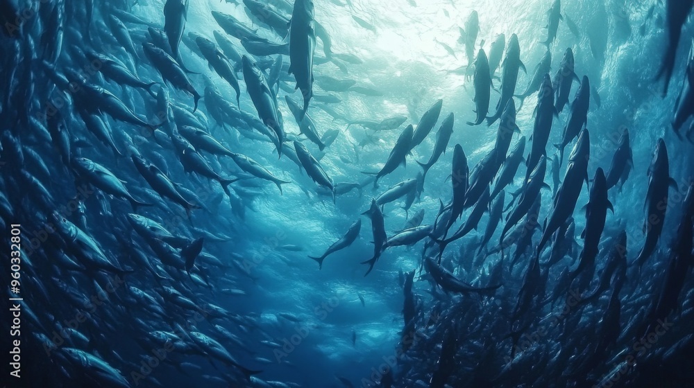 Aufkleber A wide shot of a massive school of fish swimming in the open ocean, creating a breathtaking display of their coordinated motion and scale