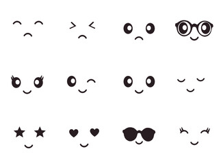 Simple set of face prints with doodles. Emotions for design. Happiness, joy and sadness.