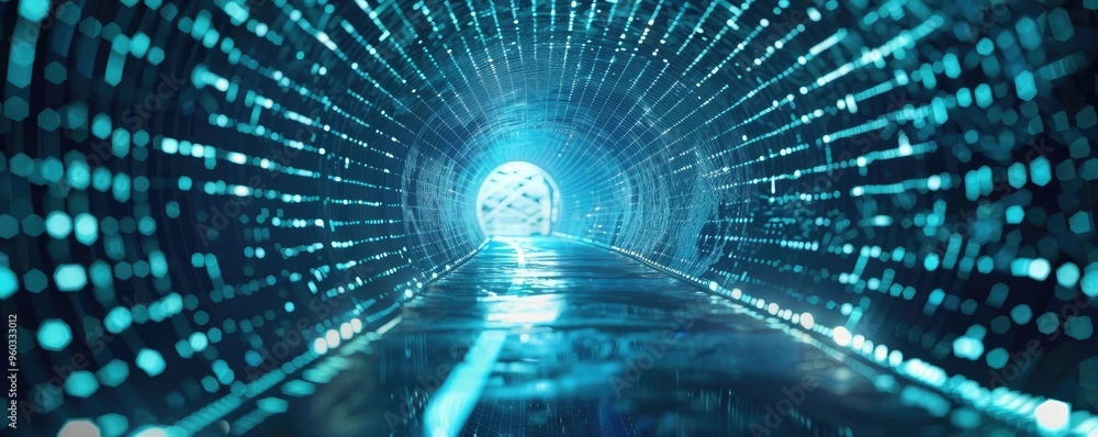 Poster futuristic tunnel with glowing patterns and light at the end, representing technology and innovation