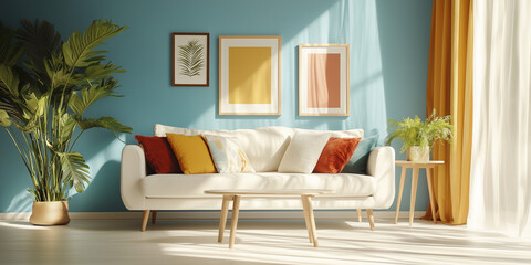 Beautiful House or apartment livingroom interior design for a mockup home decor model concept, Sofa with pillows and abstract poster art, bright sun light coming through windows