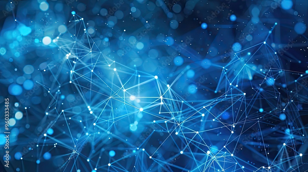 Poster abstract blue background with interconnected lines and glowing dots, representing technology, data, 