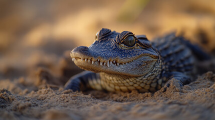 Fototapeta premium Close Up of a Baby Alligator in the Sand
