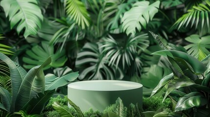 tropical forest product display pedestal on lush green background 3d rendering