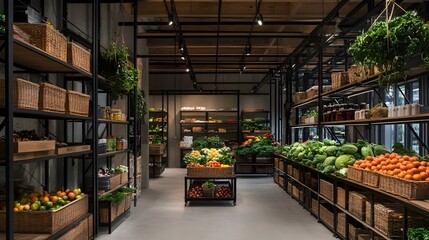 Overhead lighting casting a soft glow, revealing rows of fresh produce baskets, metal shelving units stocked with supplies, faint smell of hay in the air, subdued color palette, giving a sense of