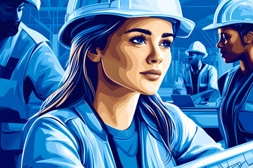 A cartoon illustration of a woman engineer, architect working on project, in a helmet, vector style