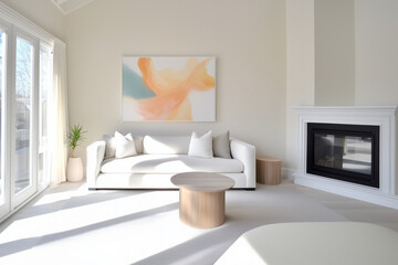 Beautiful House or apartment livingroom interior design for a mockup home decor model concept, Sofa with pillows and abstract poster art, bright sun light coming through windows