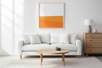 Beautiful House or apartment livingroom interior design for a mockup home decor model concept, Sofa with pillows and abstract poster art, bright sun light coming through windows