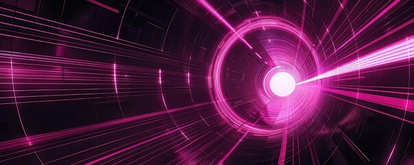 Vibrant abstract design featuring intense pink light rays converging towards a bright center in a dark tunnel-like space.