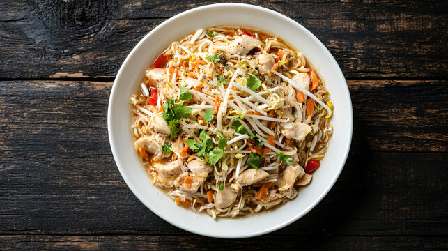 Bowl of chicken noodle soup with coriander and bean sprouts on a rustic wooden table