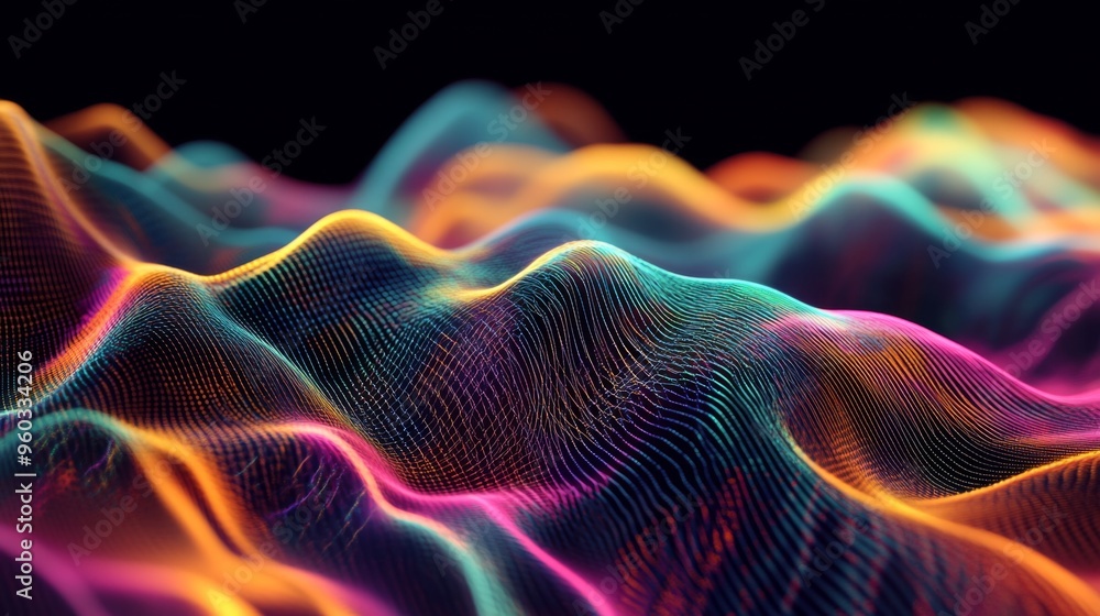 Aufkleber Abstract digital representation of colorful electric waves moving through the air, symbolizing data transmission, communication, and technology advancements.