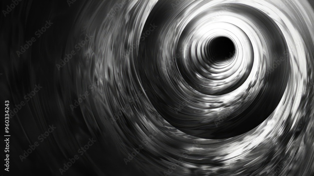 Poster an abstract black and white image featuring a swirling tunnel effect, creating a sense of depth and 