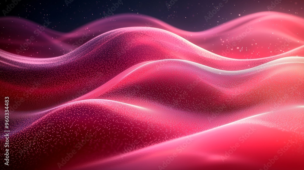 Poster abstract waves of vibrant pink and red hues gently undulating against a dark background in a digital